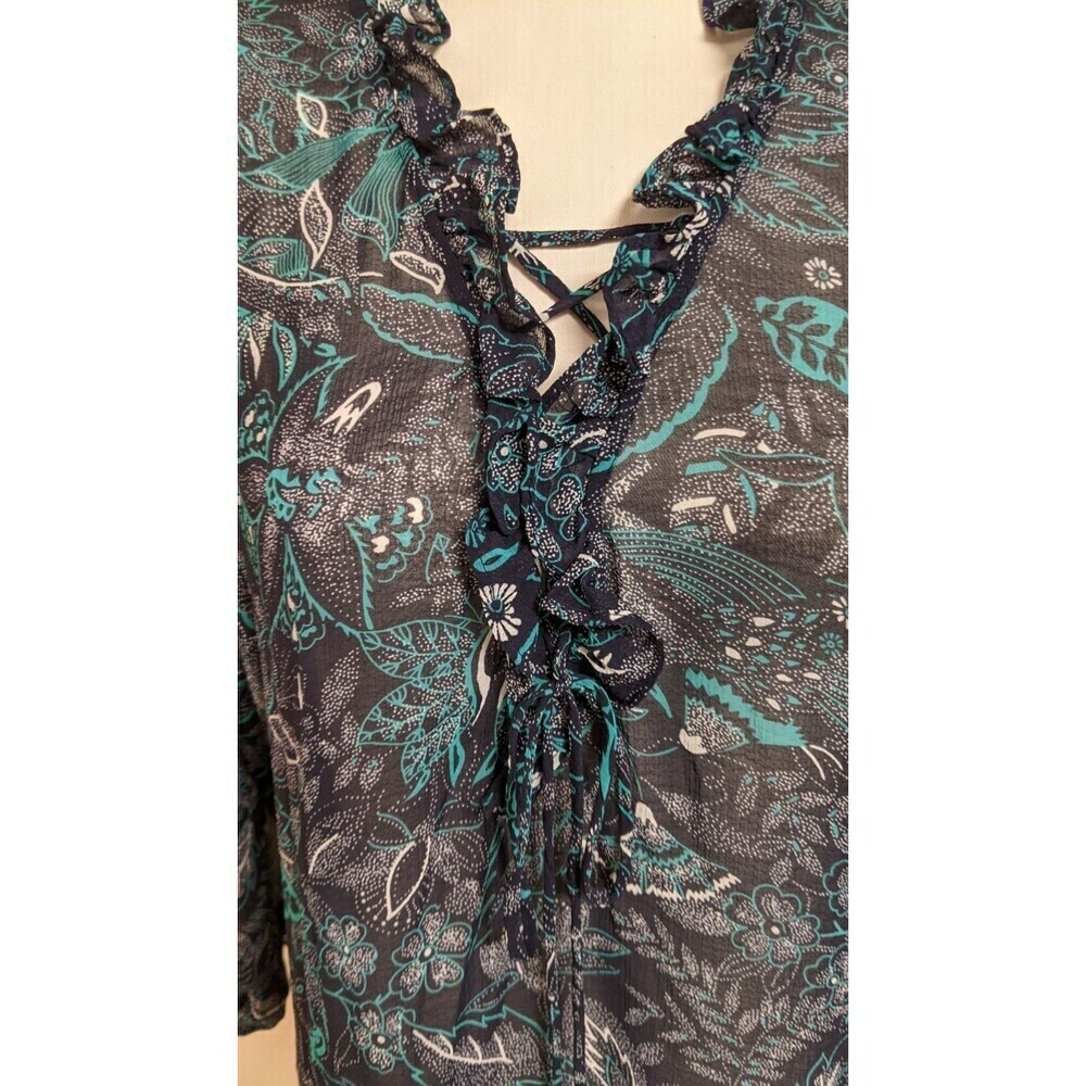Women's ANTHROPOLOGIE Lace-Up Front Ruffle Trim Floral Print Beautiful Blouse SM - Picture 3 of 12